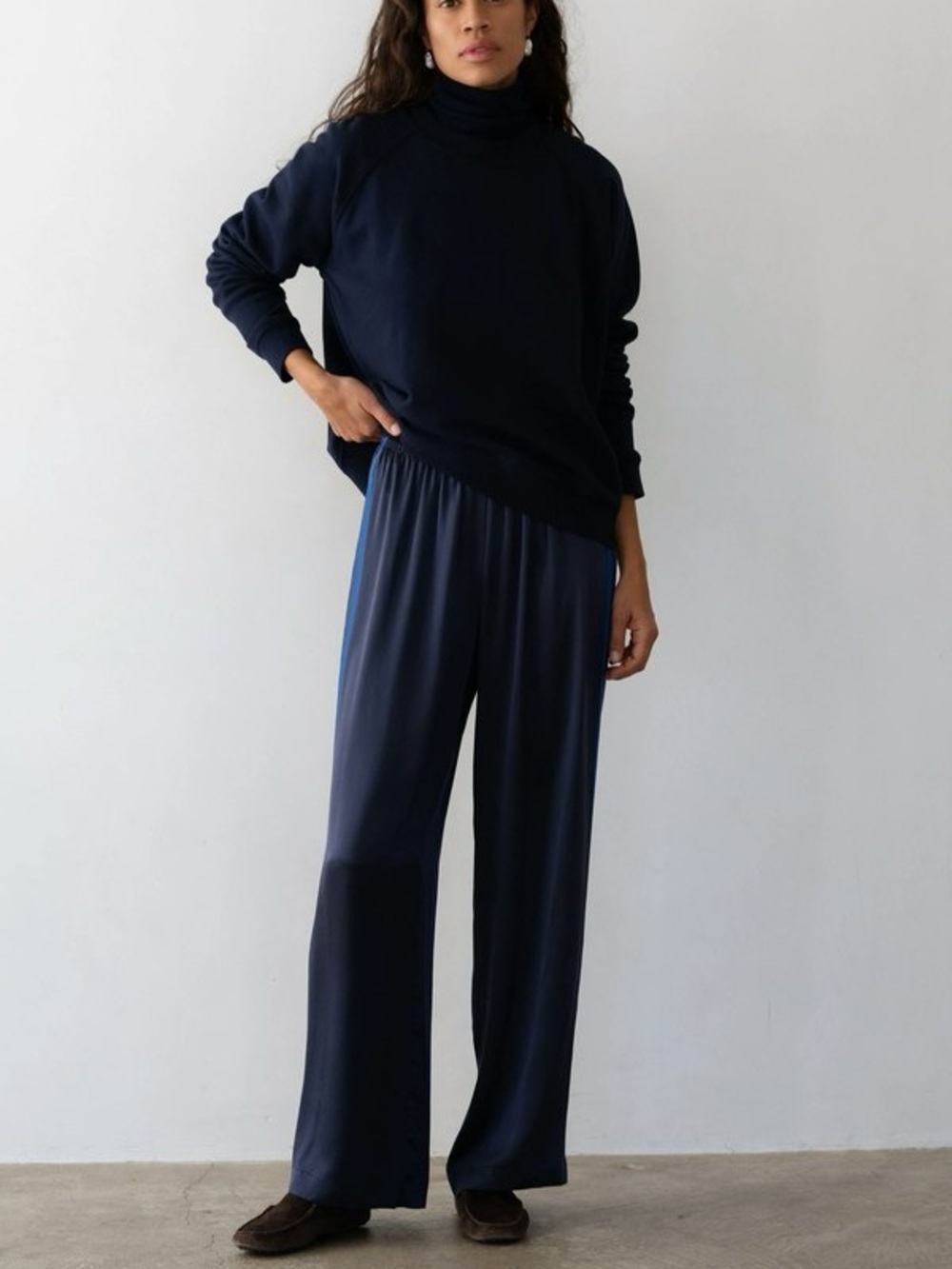 DONNI. THE SILK STRIPE SIMPLE PANT Navy Sz S - Picture 3 of 6
